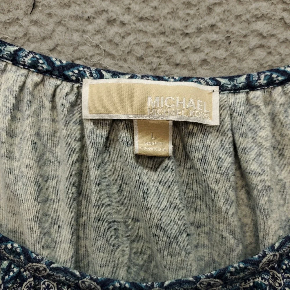 Michael Kors Blouse Top Womens L Multi Geometric Pleated Balloon Sleeve Pullover